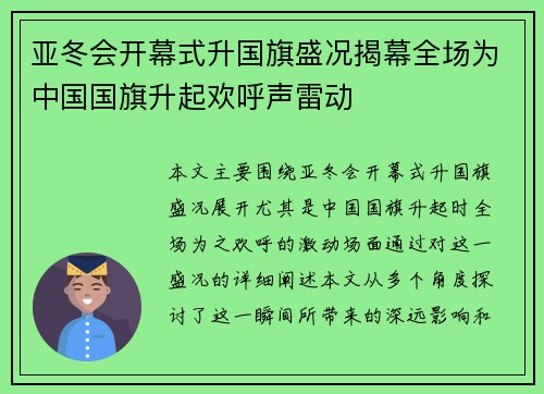 亚冬会开幕式升国旗盛况揭幕全场为中国国旗升起欢呼声雷动