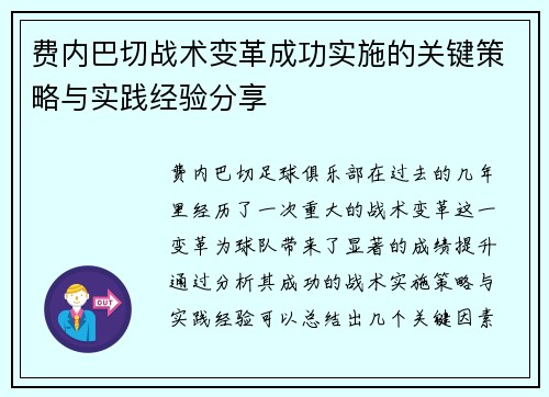 费内巴切战术变革成功实施的关键策略与实践经验分享