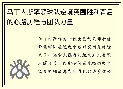 马丁内斯率领球队逆境突围胜利背后的心路历程与团队力量
