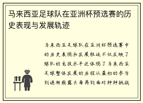 马来西亚足球队在亚洲杯预选赛的历史表现与发展轨迹